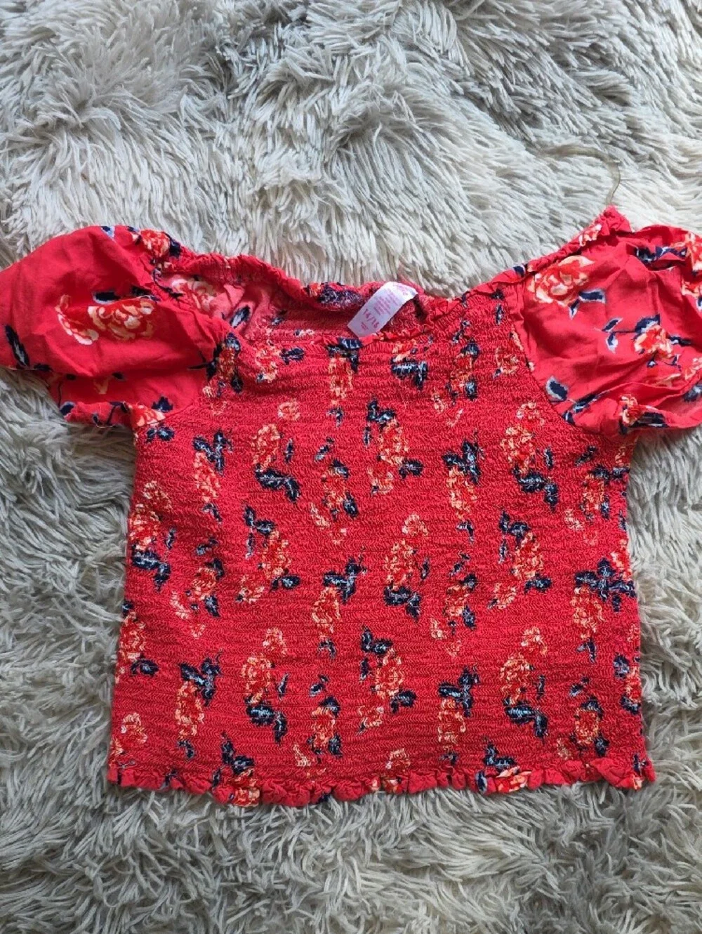 Justice Red Floral Smocked Top with Navy Accents